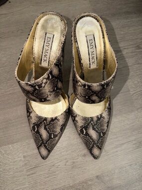 Emy Mack Snake-Print Pointed Toe Heels in Taupe & Black